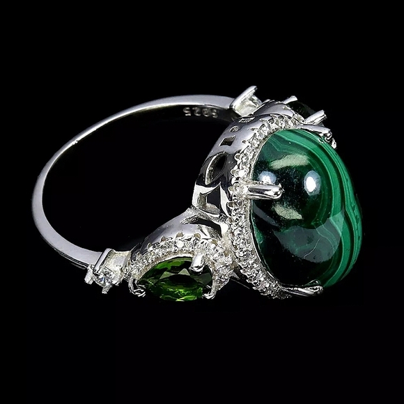 Natural Malachite 14x10mm & Chrome Diopside 925 Sterling Silver Ring Sz 9 - Picture 2 of 3